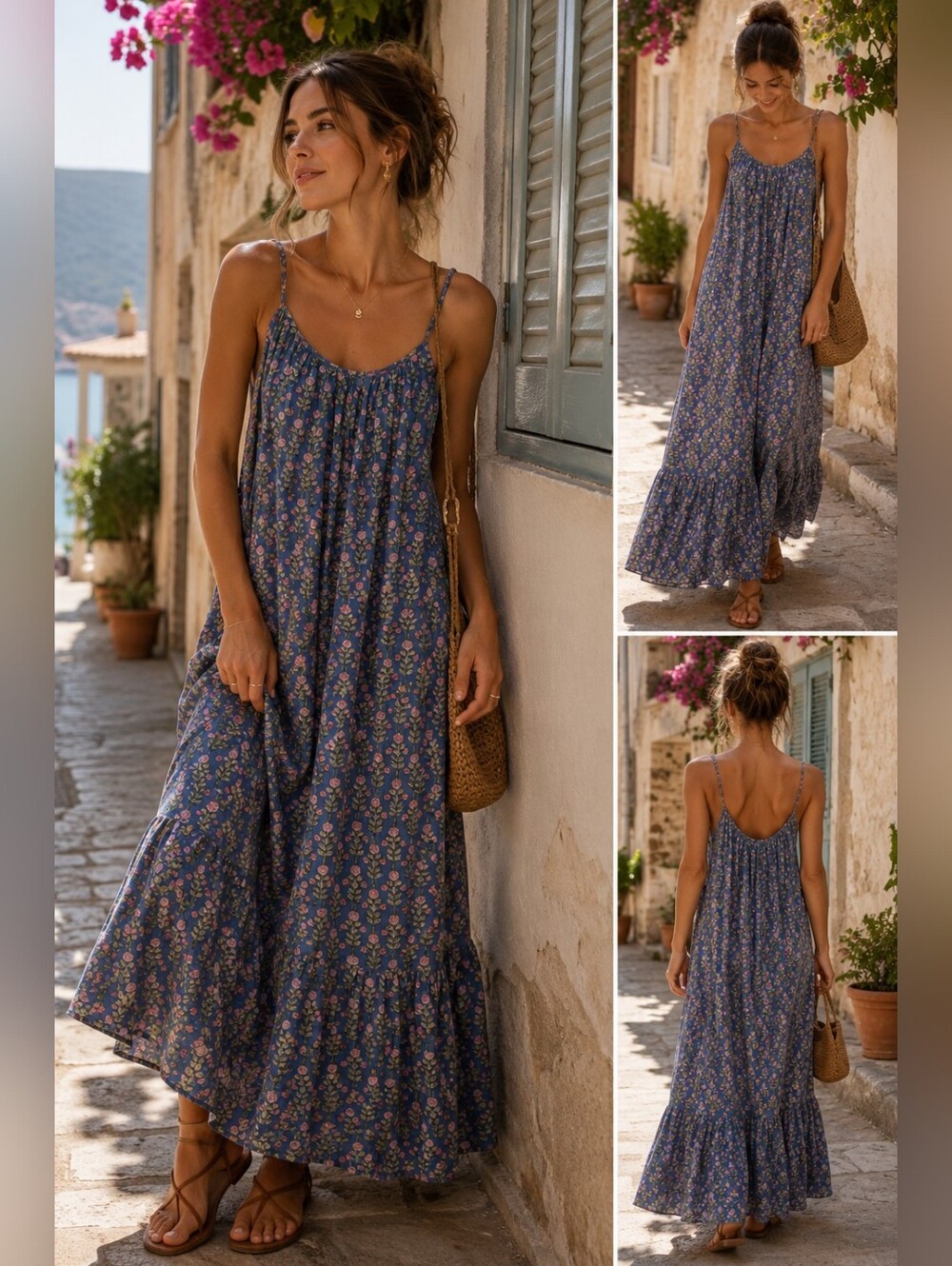 Le Bazar Coastal Blue Floral Spaghetti-Strap Maxi Dress with Ruffle Hem - S